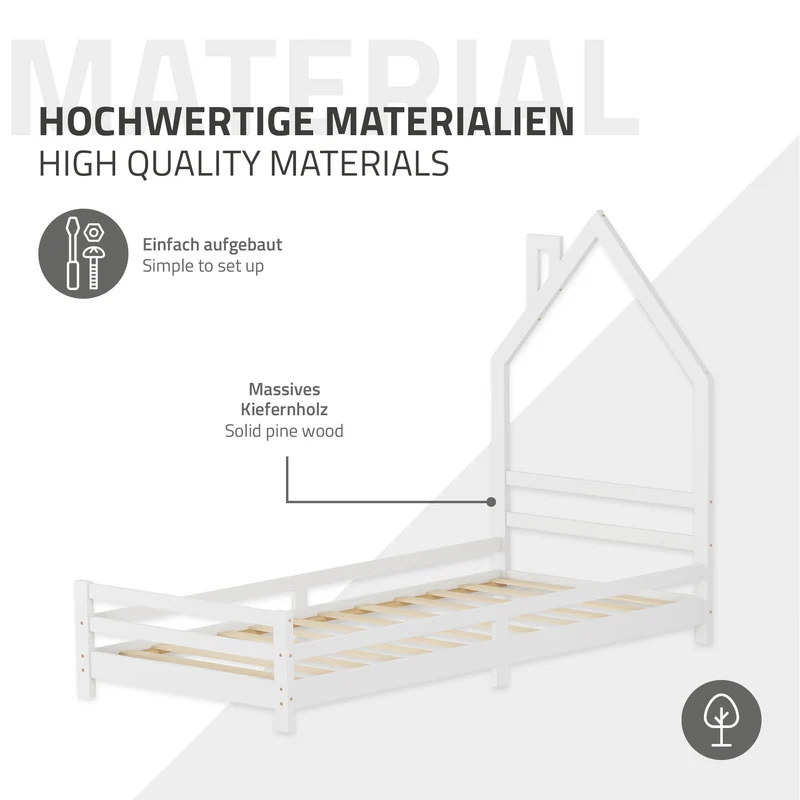 Kinderbett Haus 90x200 cm Weiß mit Matratze H:10cm Holzbett für Kinder mit Lattenrost Schornstein Design ML-Design