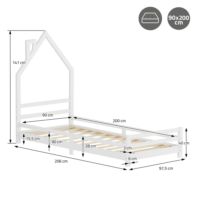 Kinderbett Haus 90x200 cm Weiß mit Matratze H:10cm Holzbett für Kinder mit Lattenrost Schornstein Design ML-Design