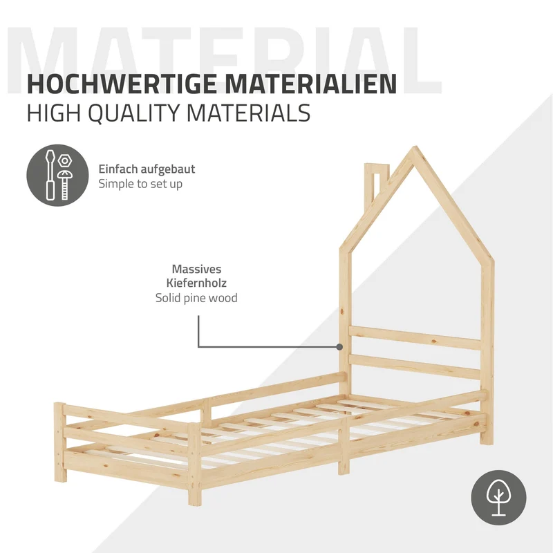 Kinderbett Haus 90x200 cm Natur mit Matratze H:10cm Holzbett für Kinder mit Lattenrost Schornstein Design ML-Design