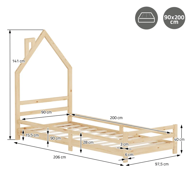 Kinderbett Haus 90x200 cm Natur mit Matratze H:10cm Holzbett für Kinder mit Lattenrost Schornstein Design ML-Design