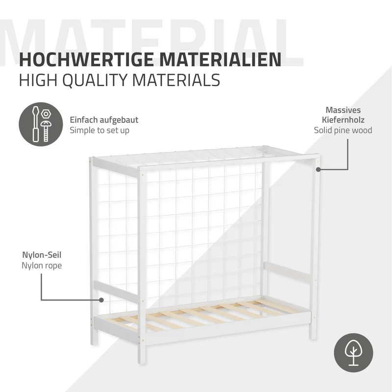 Kinderbett Fußballtor 70x140 cm Weiß aus Kiefernholz mit Matratze H-10cm Handballtor mit Lattenrost & Tornetz ML-Design