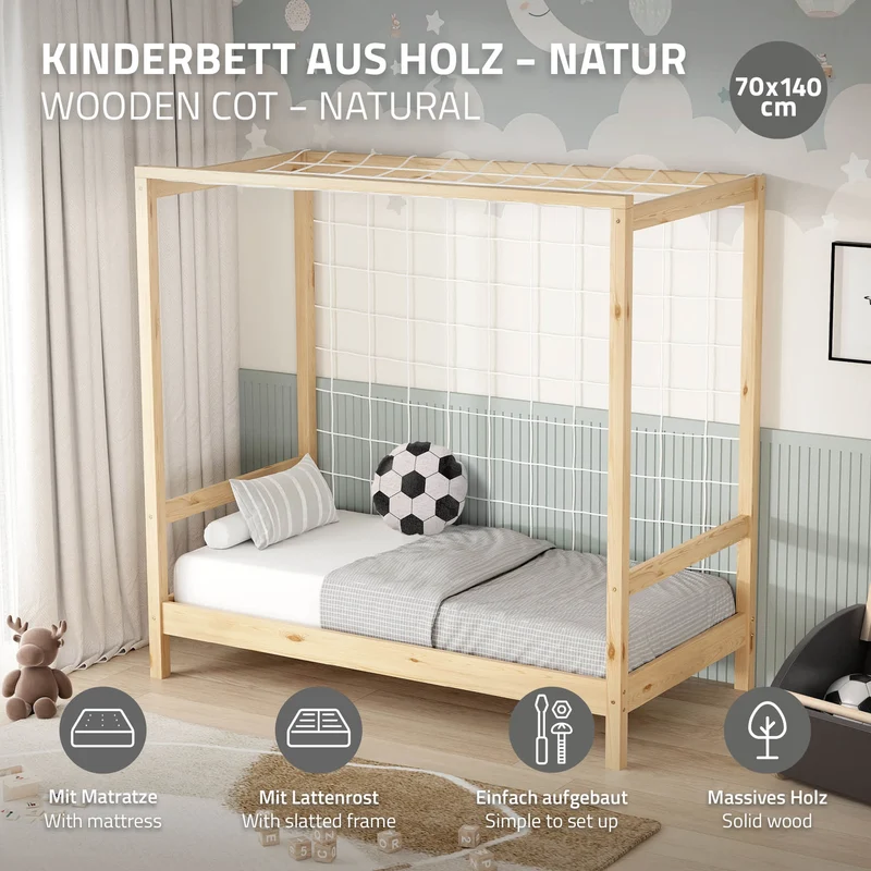 Kinderbett Fußballtor 70x140 cm Natur aus Kiefernholz mit Matratze H-10cm Handballtor mit Lattenrost & Tornetz ML-Design