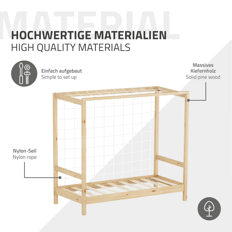 Kinderbett Fußballtor 70x140 cm Natur aus Kiefernholz mit Matratze H-10cm Handballtor mit Lattenrost & Tornetz ML-Design