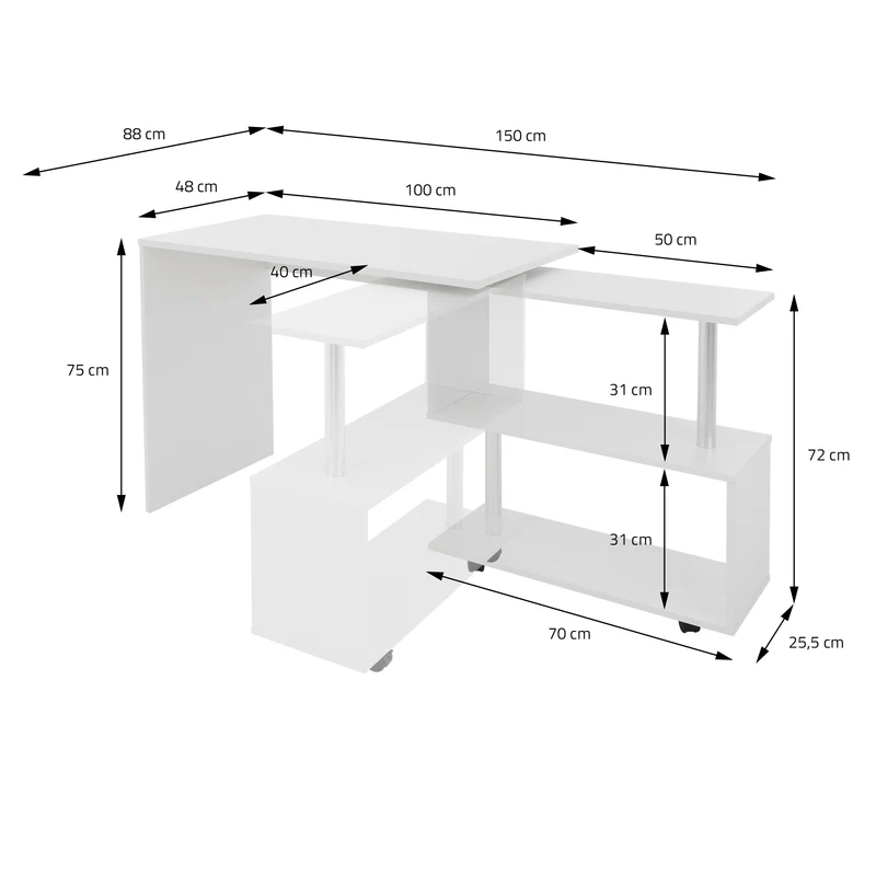 ML-Design | Eckschreibtisch drehbar mit vier Rädern 150x88x75 cm aus MDF, Schreibtisch L-Form ür Heim und Büro