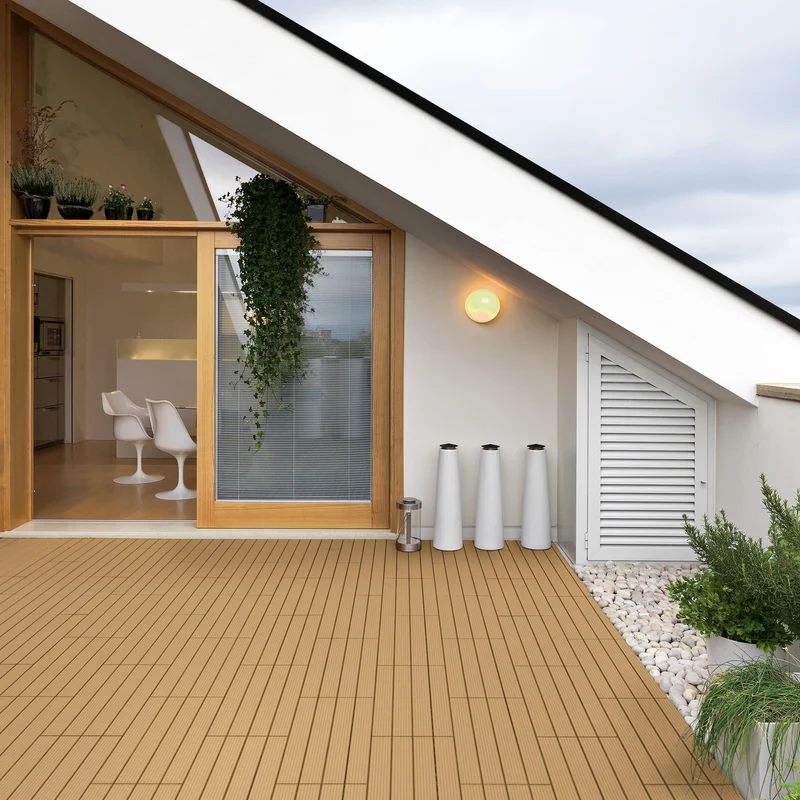 WPC Terrassenfliesen 60x30 cm 12er Set für 2m² Teak in Holzoptik mit Drainage und Klicksystem