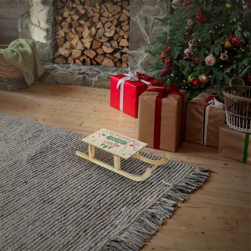Deko Schlitten aus Holz mit warmweißen LED mit Timer 42x16x9,5 cm Braun Weihnachtsschlitten