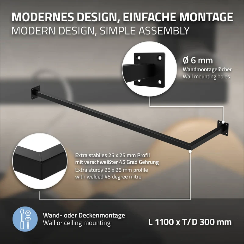 Kleiderstange Garderobe Wandmontage 30 x 110 cm Schwarz aus Stahl ML-Design