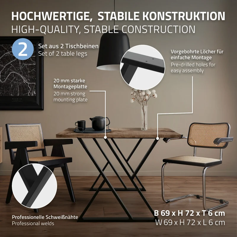 2 Stück Tischbeine B69xH72 cm Tischkufen X-Form Stahl pulverbeschichtet Schwarz ML-Design