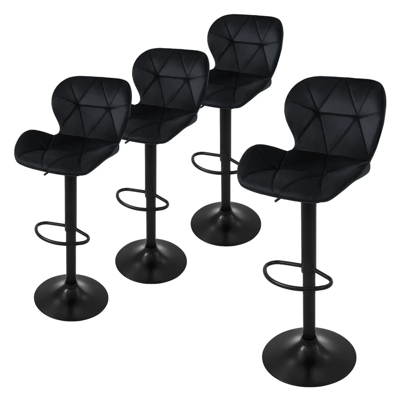 4er Set Barhocker Schwarz Samtbezug mit Rückenlehne und Fußstütze höhenverstellbar 59-79cm ML-Design