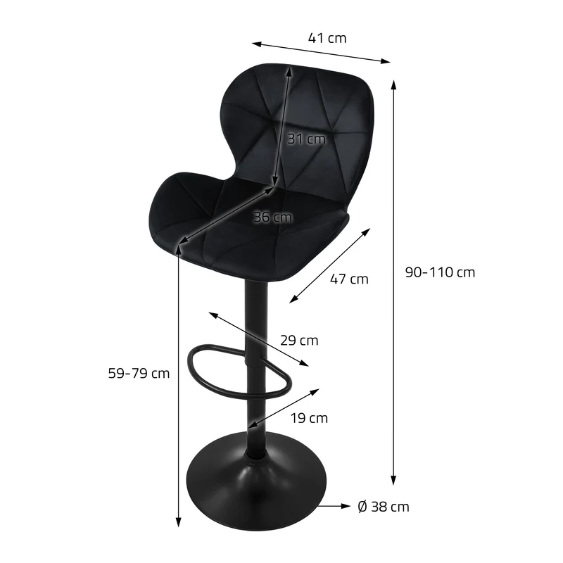 4er Set Barhocker Schwarz Samtbezug mit Rückenlehne und Fußstütze höhenverstellbar 59-79cm ML-Design