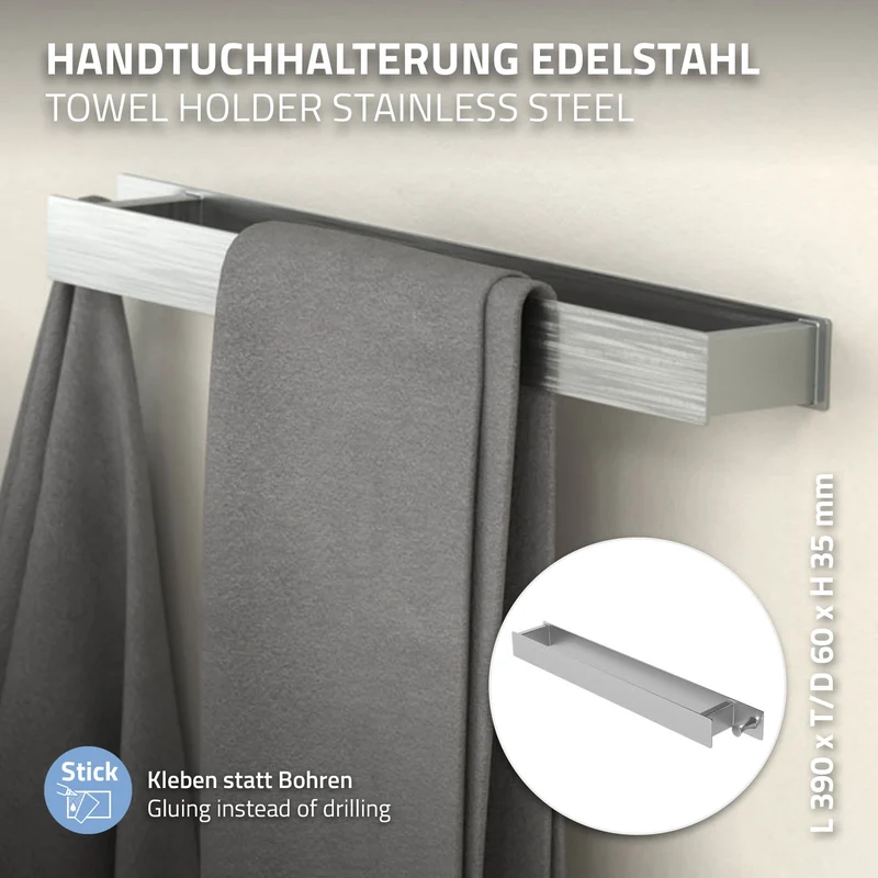 2er Set Handtuchhalter zum Kleben ohne Bohren mit Haken 42 cm Silber aus Edelstahl ML-Design