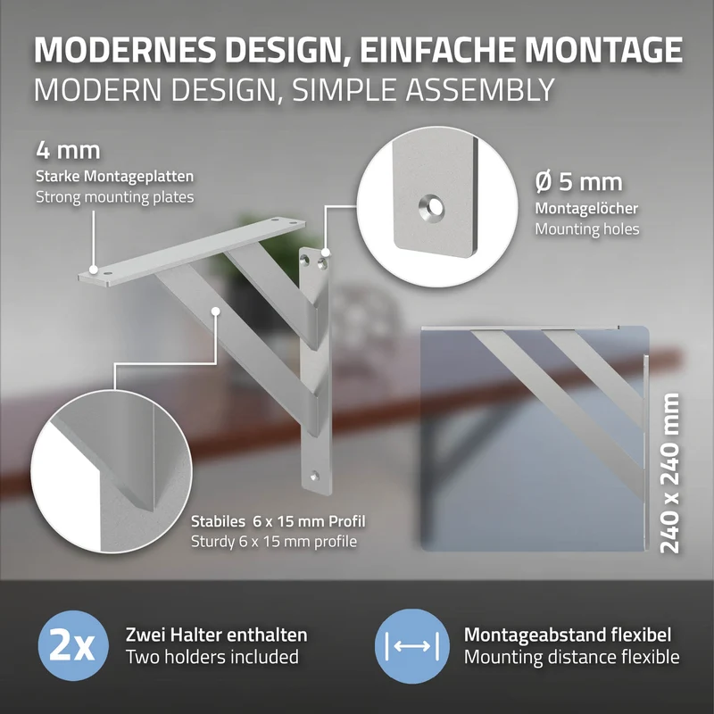 2er Set Wandkonsole Regalhalterung 2x 240 x 240 mm Silber aus Aluminium ML-Design