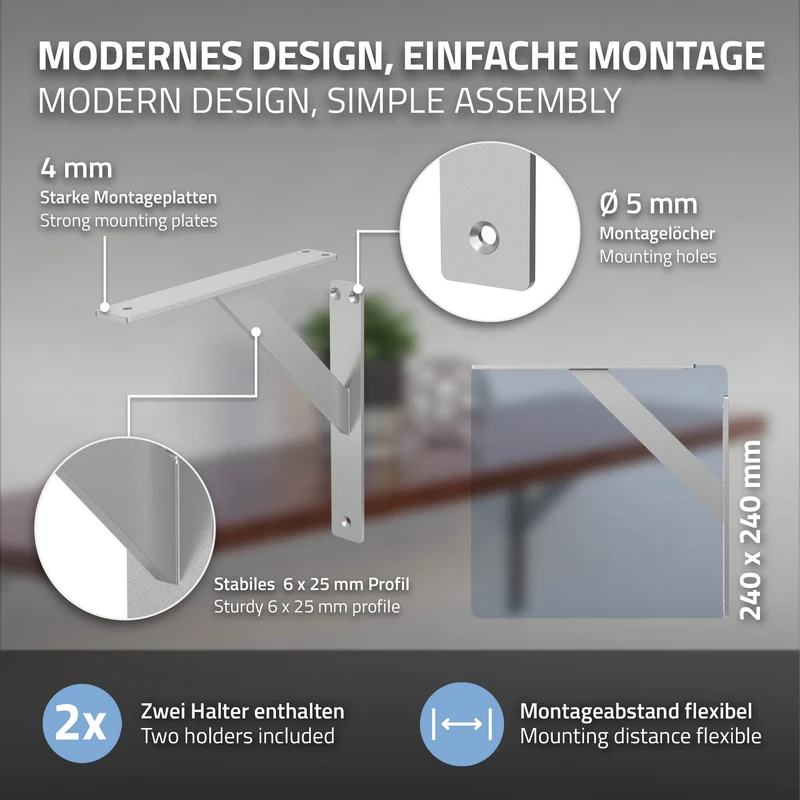 2er Set Wandkonsole Regalhalterung 2x 240 x 240 mm Silber aus Aluminium ML-Design
