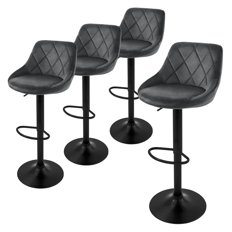 Barhocker Set Samt Rauten Steppung Höhenverstellbar mit Rückenlehne & Fußstütze