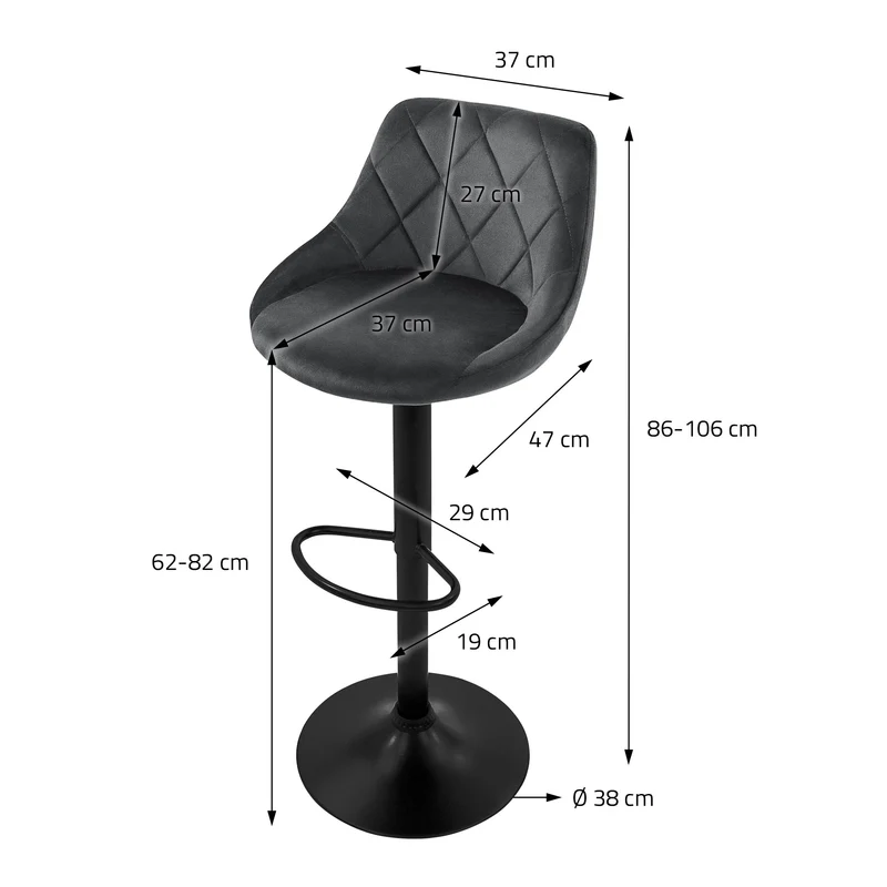 4er Set Barhocker Grau Samtbezug mit Rückenlehne und Fußstütze höhenverstellbar 62-82cm ML-Design