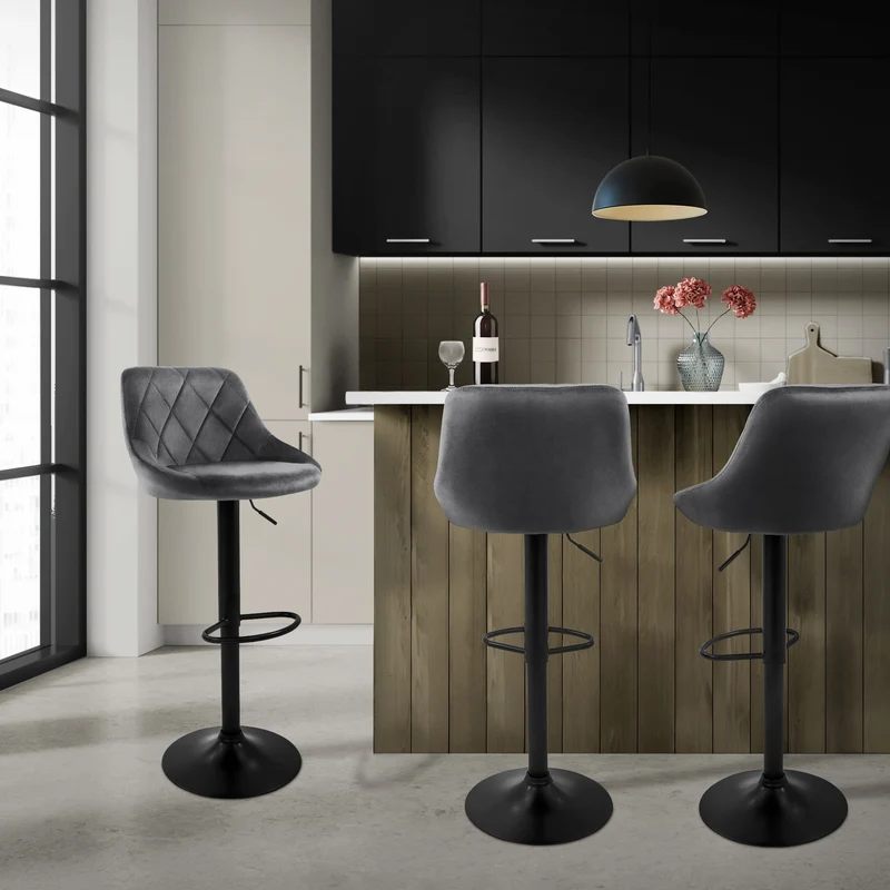 4er Set Barhocker Grau Samtbezug mit Rückenlehne und Fußstütze höhenverstellbar 62-82cm ML-Design
