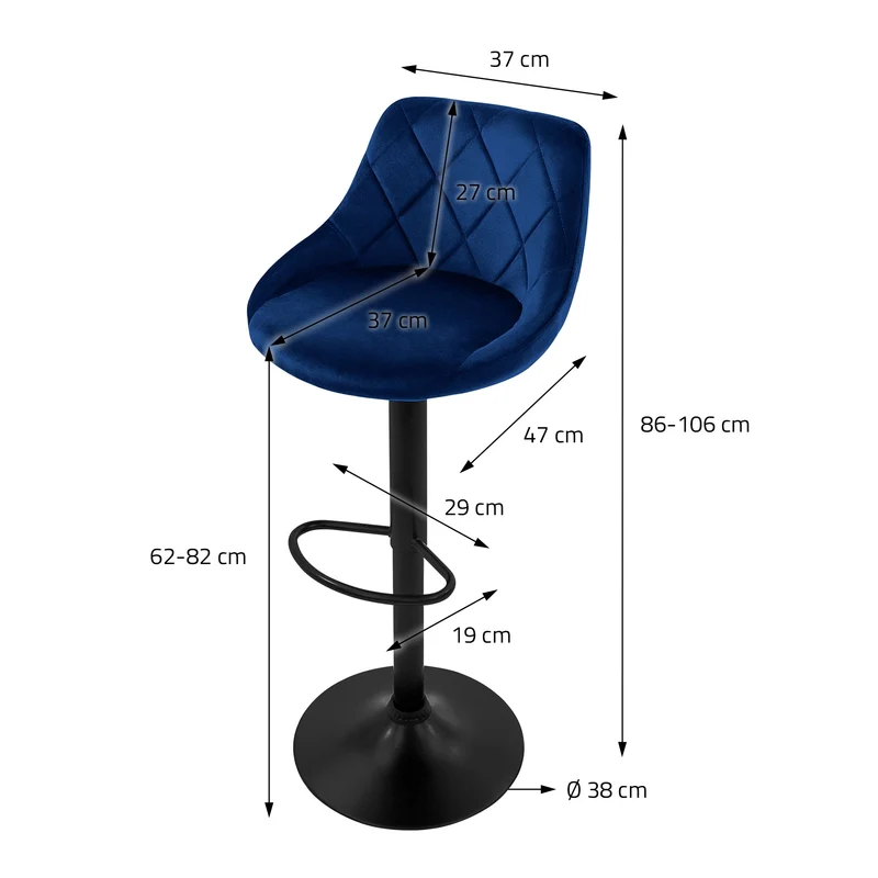 4er Set Barhocker Blau Samtbezug mit Rückenlehne und Fußstütze höhenverstellbar 62-82cm ML-Design
