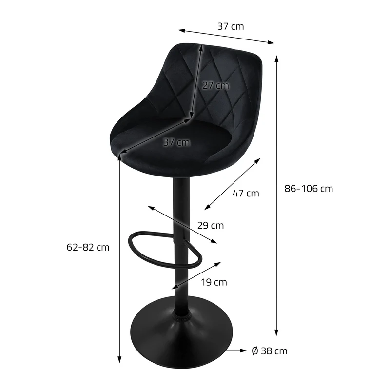 4er Set Barhocker Schwarz Samtbezug mit Rückenlehne und Fußstütze höhenverstellbar 62-82cm ML-Design
