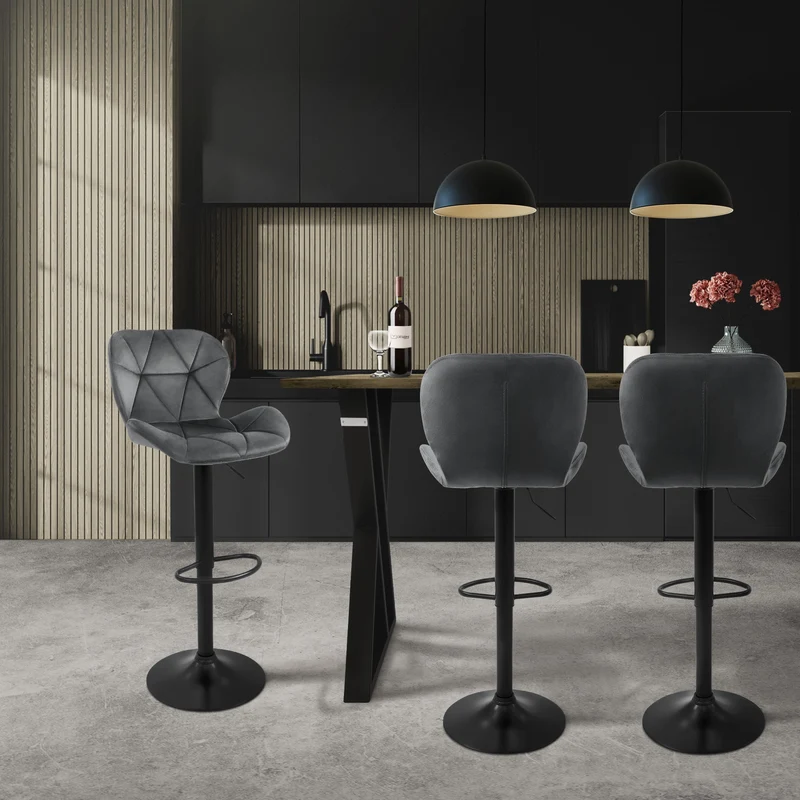 4er Set Barhocker Grau Samtbezug mit Rückenlehne und Fußstütze höhenverstellbar 59-79cm ML-Design