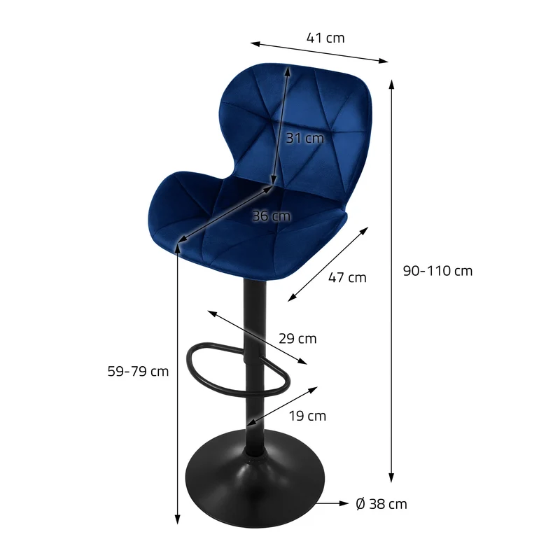 4er Set Barhocker Blau Samtbezug mit Rückenlehne und Fußstütze höhenverstellbar 59-79cm ML-Design