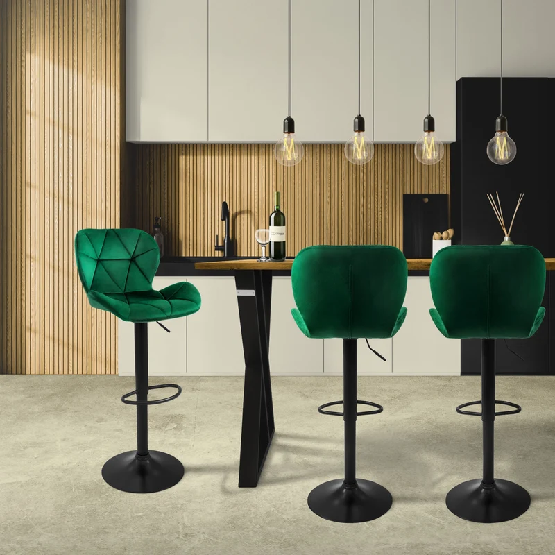 4er Set Barhocker Grün Samtbezug mit Rückenlehne und Fußstütze höhenverstellbar 59-79cm ML-Design