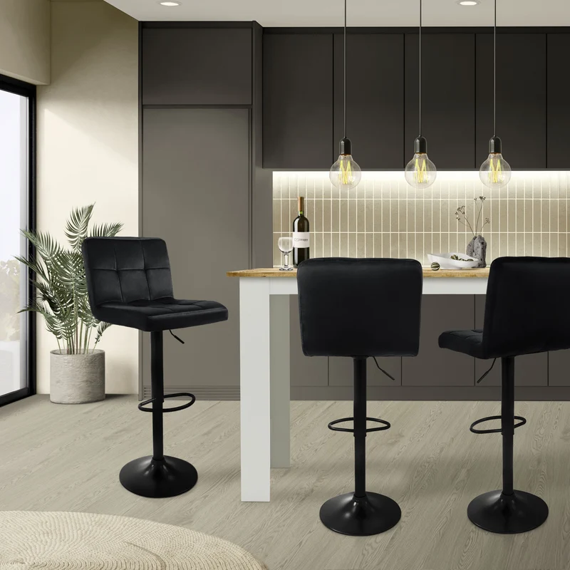 4er Set Barhocker Schwarz Samtbezug mit Rückenlehne und Fußstütze höhenverstellbar 63-83cm ML-Design