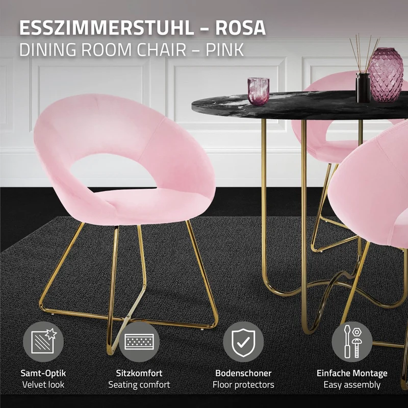 2er Set Esszimmerstuhl mit runder offener Rückenlehne Rosa aus Samt mit goldenen Metallbeinen ML-Design