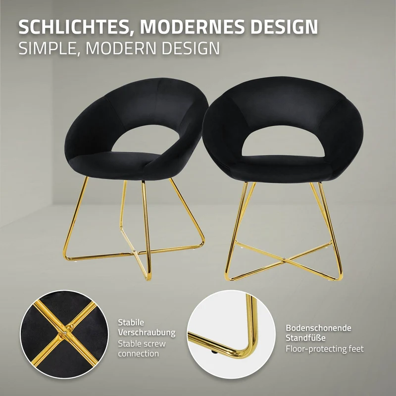 2er Set Esszimmerstuhl mit runder offener Rückenlehne Schwarz aus Samt mit goldenen Metallbeinen ML-Design