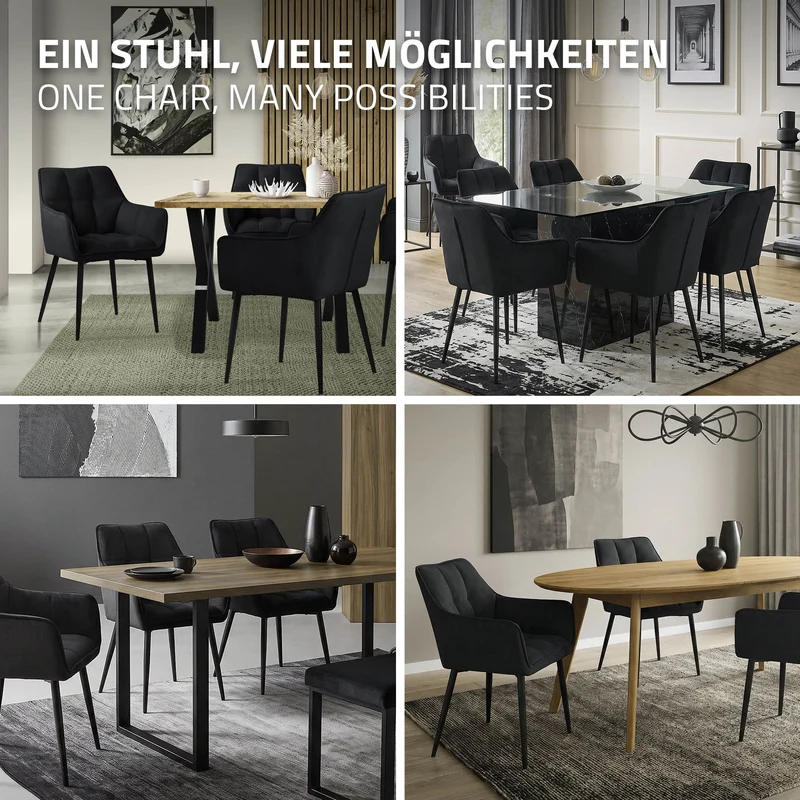 2er Set Esszimmerstuhl Schwarz aus Frotteestoff mit dickem gepolsterter Sitz ML-Design