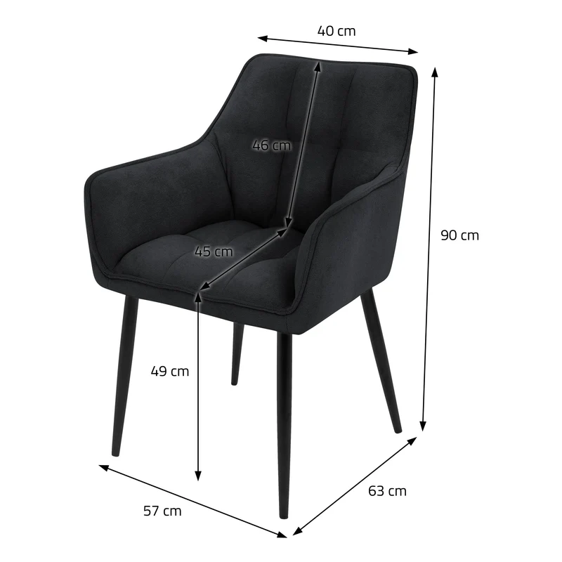 2er Set Esszimmerstuhl Schwarz aus Frotteestoff mit dickem gepolsterter Sitz ML-Design