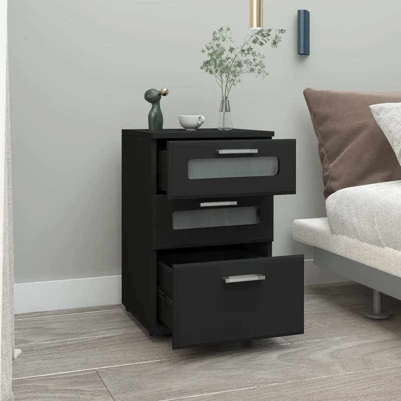 2er Set Nachttisch mit drei Schubladen 40x60x38 cm Schwarz aus Holz ML-Design