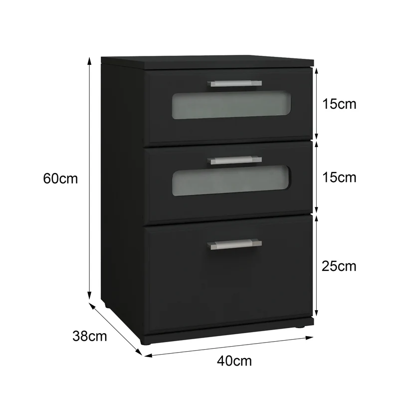 2er Set Nachttisch mit drei Schubladen 40x60x38 cm Schwarz aus Holz ML-Design