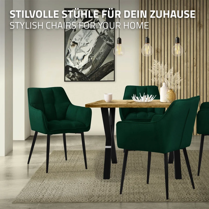 2er Set Esszimmerstuhl Dunkelgrün aus Frotteestoff mit dickem gepolsterter Sitz ML-Design