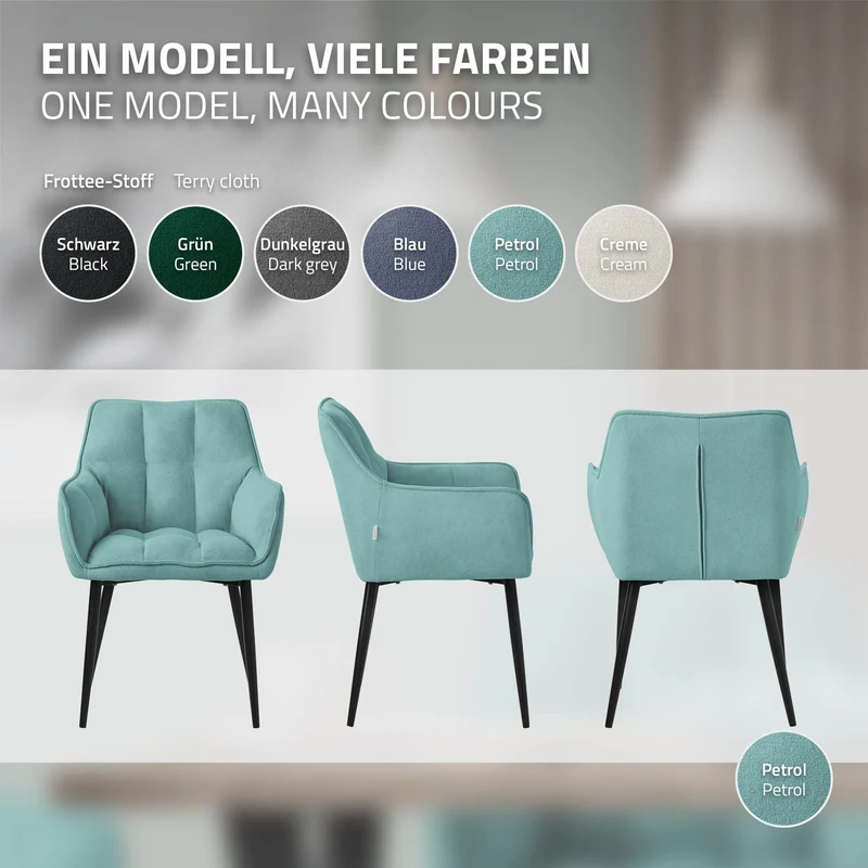 2er Set Esszimmerstuhl Petrol aus Frotteestoff mit dickem gepolsterter Sitz ML-Design