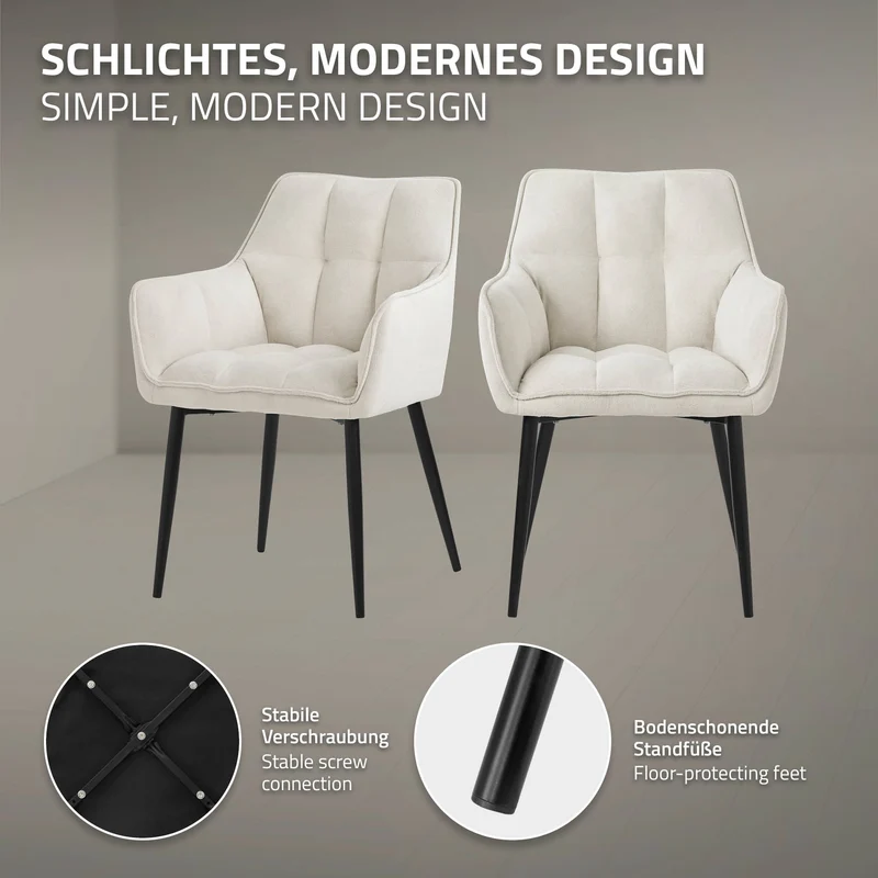 2er Set Esszimmerstuhl Creme aus Frotteestoff mit gepolstertem Sitz ML-Design