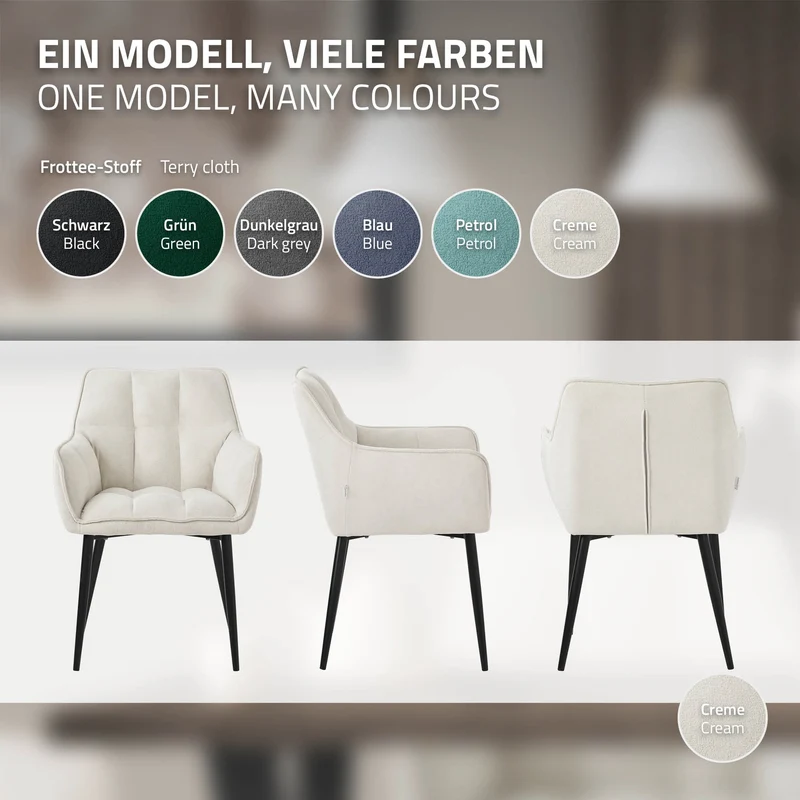 2er Set Esszimmerstuhl Creme aus Frotteestoff mit gepolstertem Sitz ML-Design