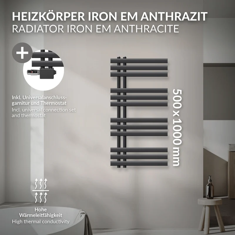 Badheizkörper Mittelanschluss 500x1000 mm Anthrazit mit Universale Anschlussgarnitur LuxeBath