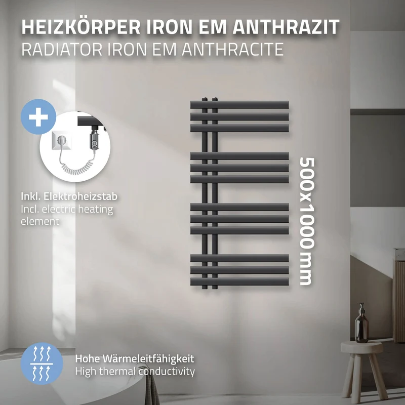 Badheizkörper Elektrisch mit Heizstab 300W 500x1000 mm Anthrazit