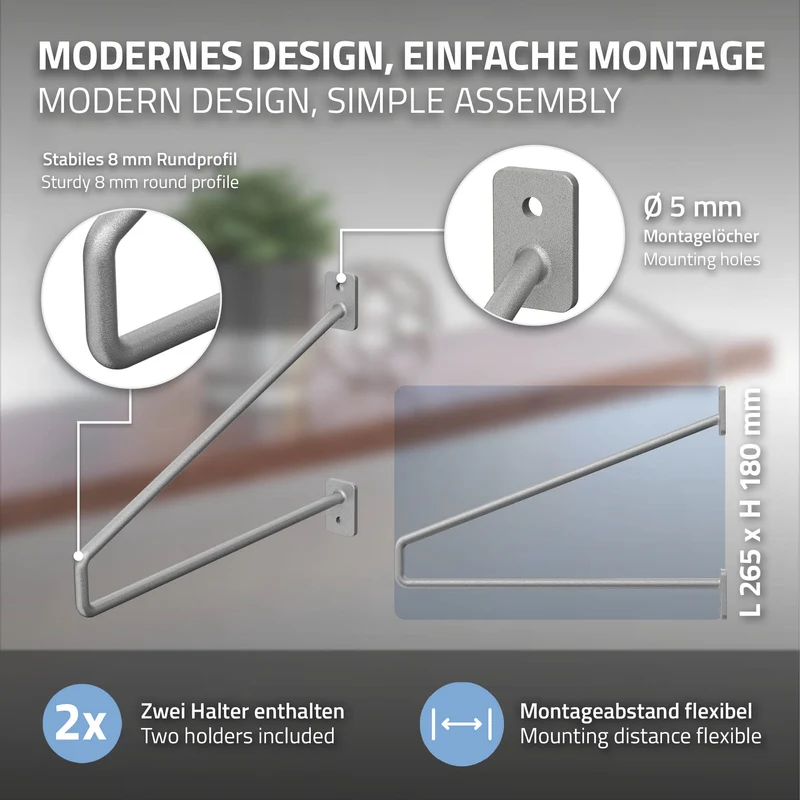 2er Set Wandkonsole Regalhalterung 2x 265 x 180 mm Grau aus Stahl ML-Design