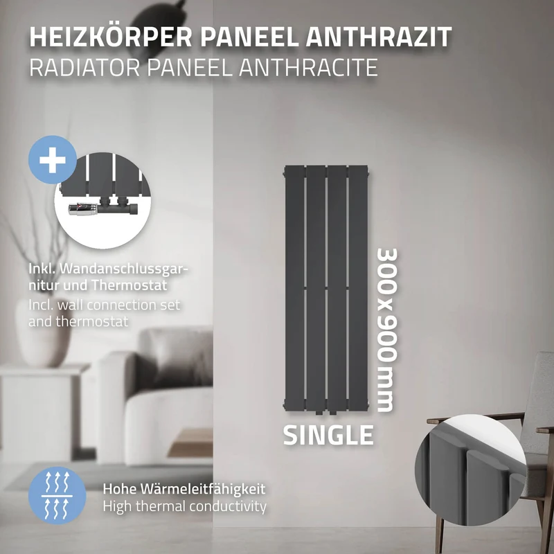 Badheizkörper Einlagig Mittelanschluss 900x300 mm Anthrazit mit Wand Anschlussgarnitur LuxeBath