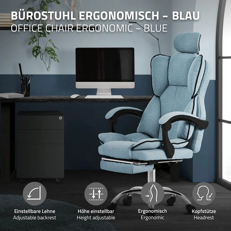 Chefsessel Bürostuhl höhenverstellbar Blau mit höhenverstellbarer Rückenlehne und Fuß-& Kopfstütze bis 120 kg ML-Design