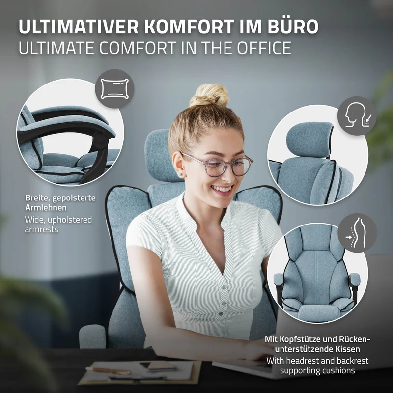 Chefsessel Bürostuhl höhenverstellbar Blau mit höhenverstellbarer Rückenlehne und Fuß-& Kopfstütze bis 120 kg ML-Design