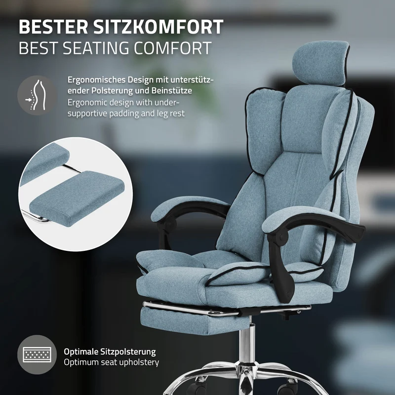 Chefsessel Bürostuhl höhenverstellbar Blau mit höhenverstellbarer Rückenlehne und Fuß-& Kopfstütze bis 120 kg ML-Design