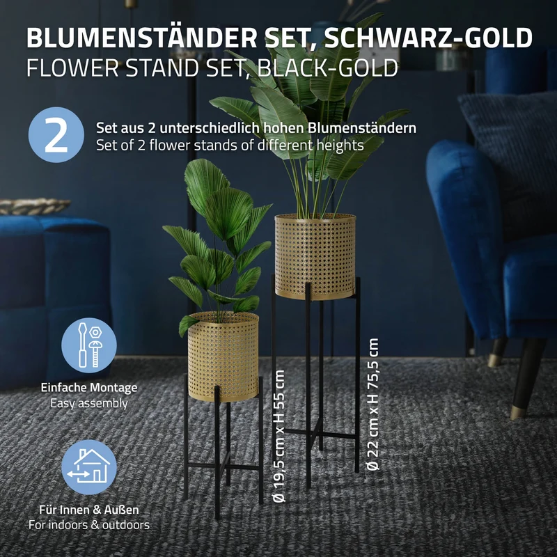 2er Set Blumenständer mit Übertopf 17x17x55/19x19x75,5 cm Schwarz/Gold aus Stahl ML-Design