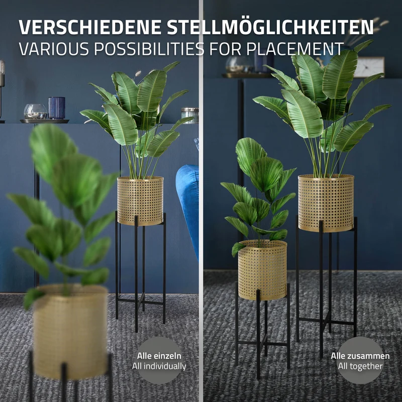 2er Set Blumenständer mit Übertopf 17x17x55/19x19x75,5 cm Schwarz/Gold aus Stahl ML-Design