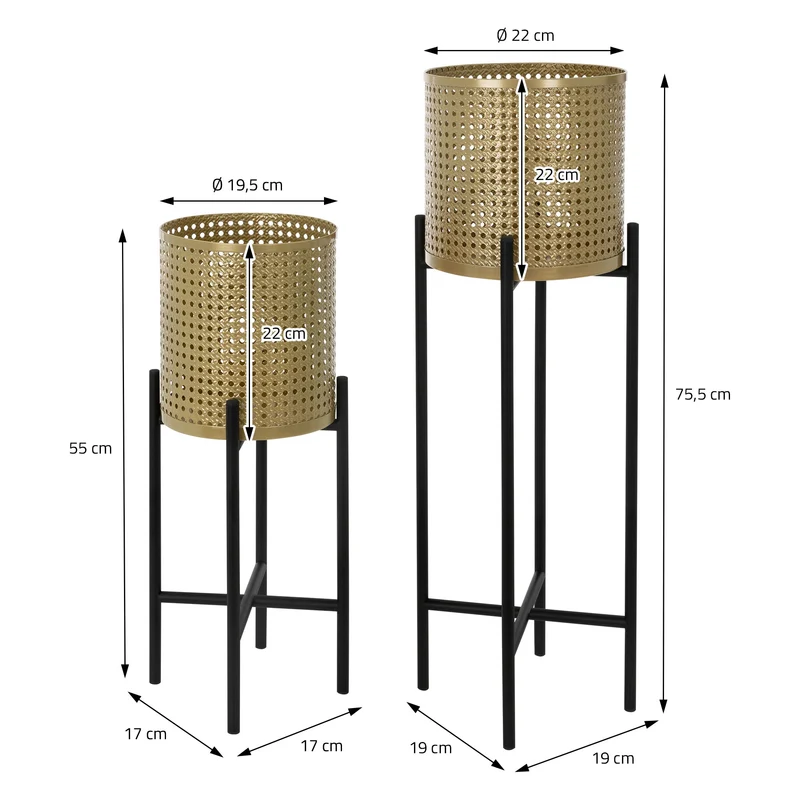 2er Set Blumenständer mit Übertopf 17x17x55/19x19x75,5 cm Schwarz/Gold aus Stahl ML-Design