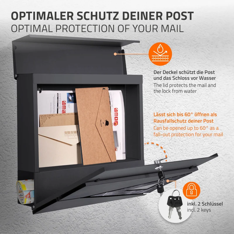 Briefkasten mit Zeitungsfach 37x36,5x11 cm Anthrazit/Schwarz-Marmoroptik aus Stahl ML-Design, Modernes Dreieckiges Design