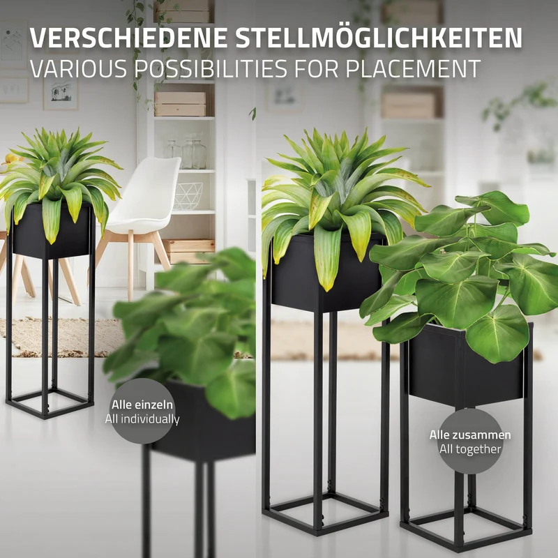 Blumenständer 2er Set mit herausnehmbarem Blumentop eckig Schwarz aus Metall ML-Design