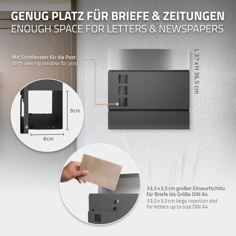 Briefkasten mit Zeitungsfach 37x36,5x10,5 cm Anthrazit/Silber aus Stahl