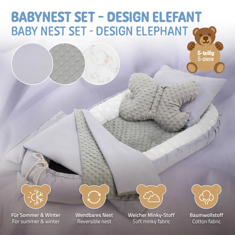 Babynest Set 5 Tlg. 90x50 cm Elefantmuster aus Baumwolle Joyz